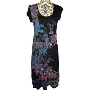 Desigual Black Short Sleeve Dress with Colourful Floral Pattern & Lace Edging